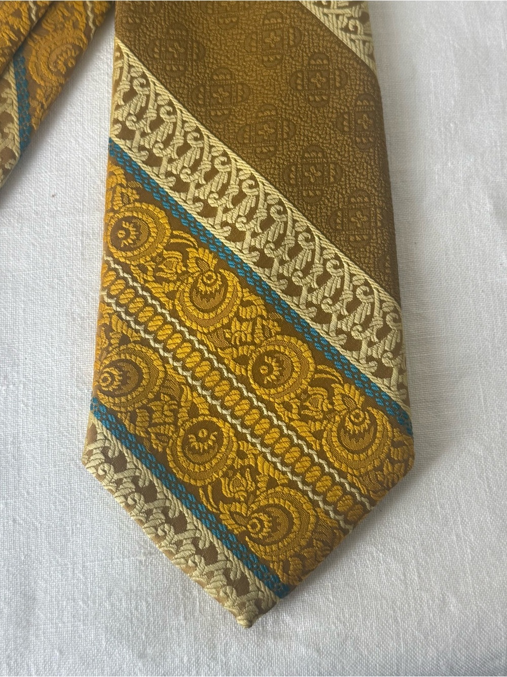 Michaelangelo Gold and Teal Woven Paisley-Striped Tiered Retro Vintage
